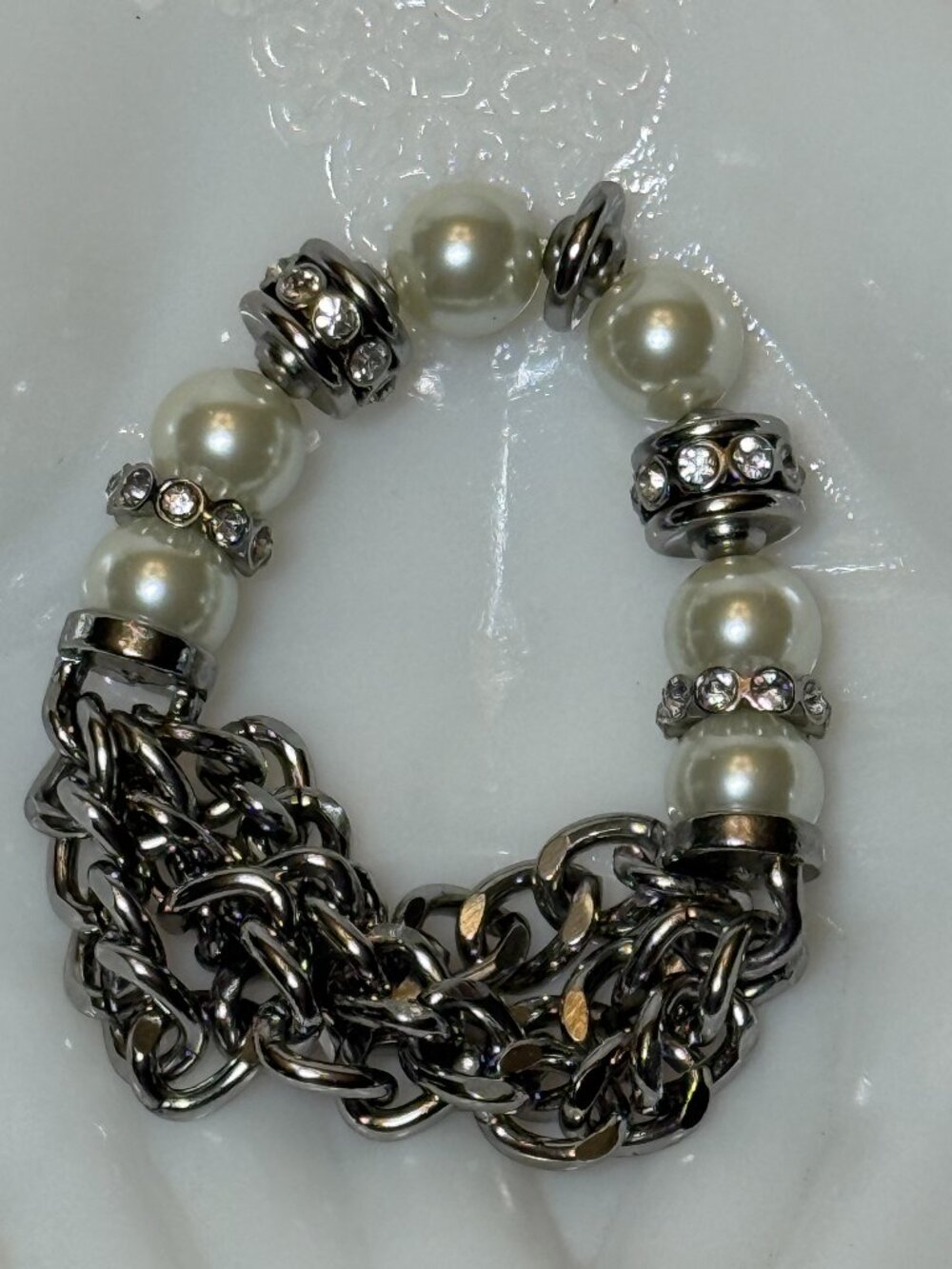 Multi Strand Silver Chain Link Faux Pearl Faux Diamond Bracelet